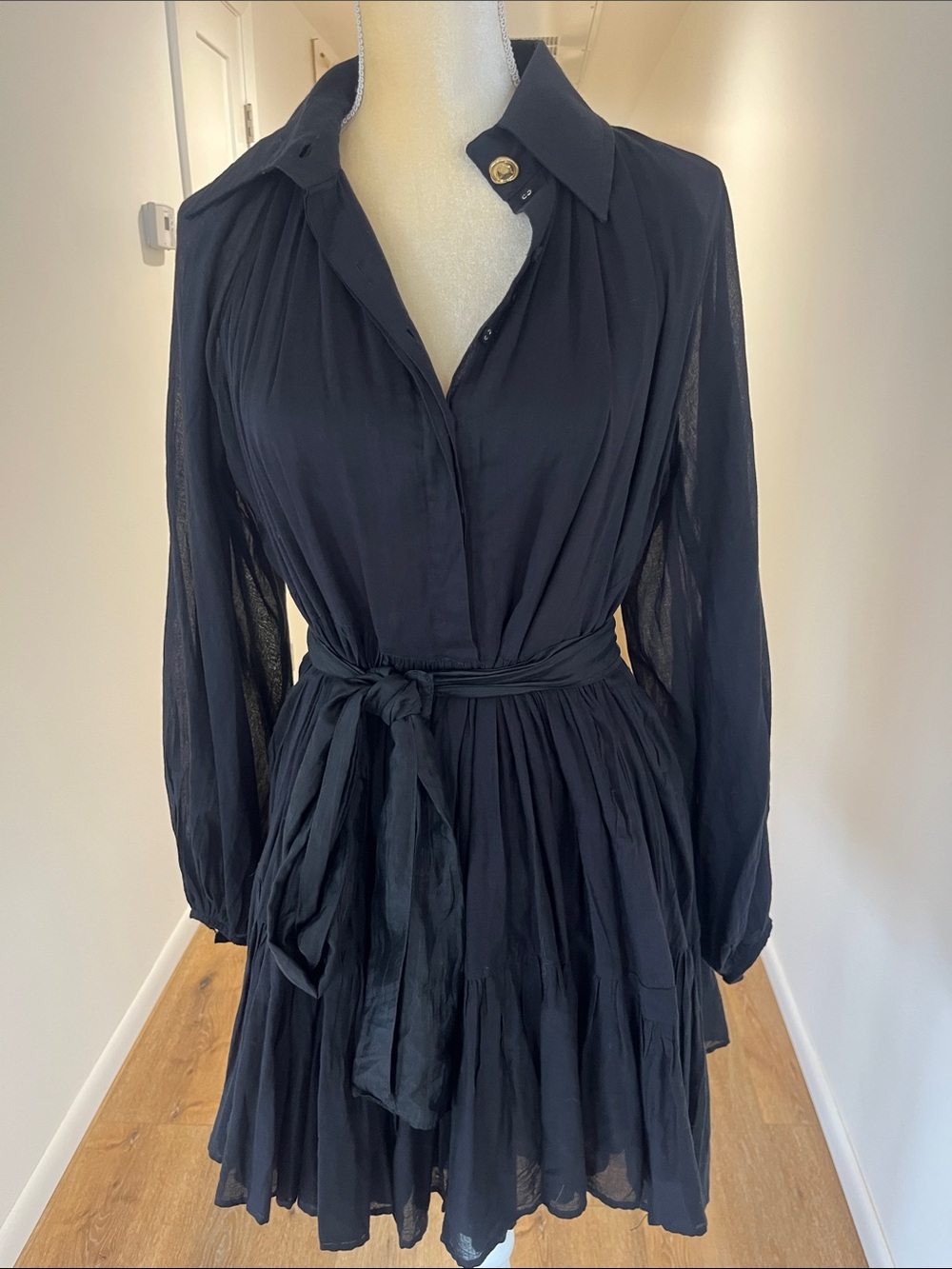 Aje Black Long-Sleeve Tiered Collared Tunic Dress